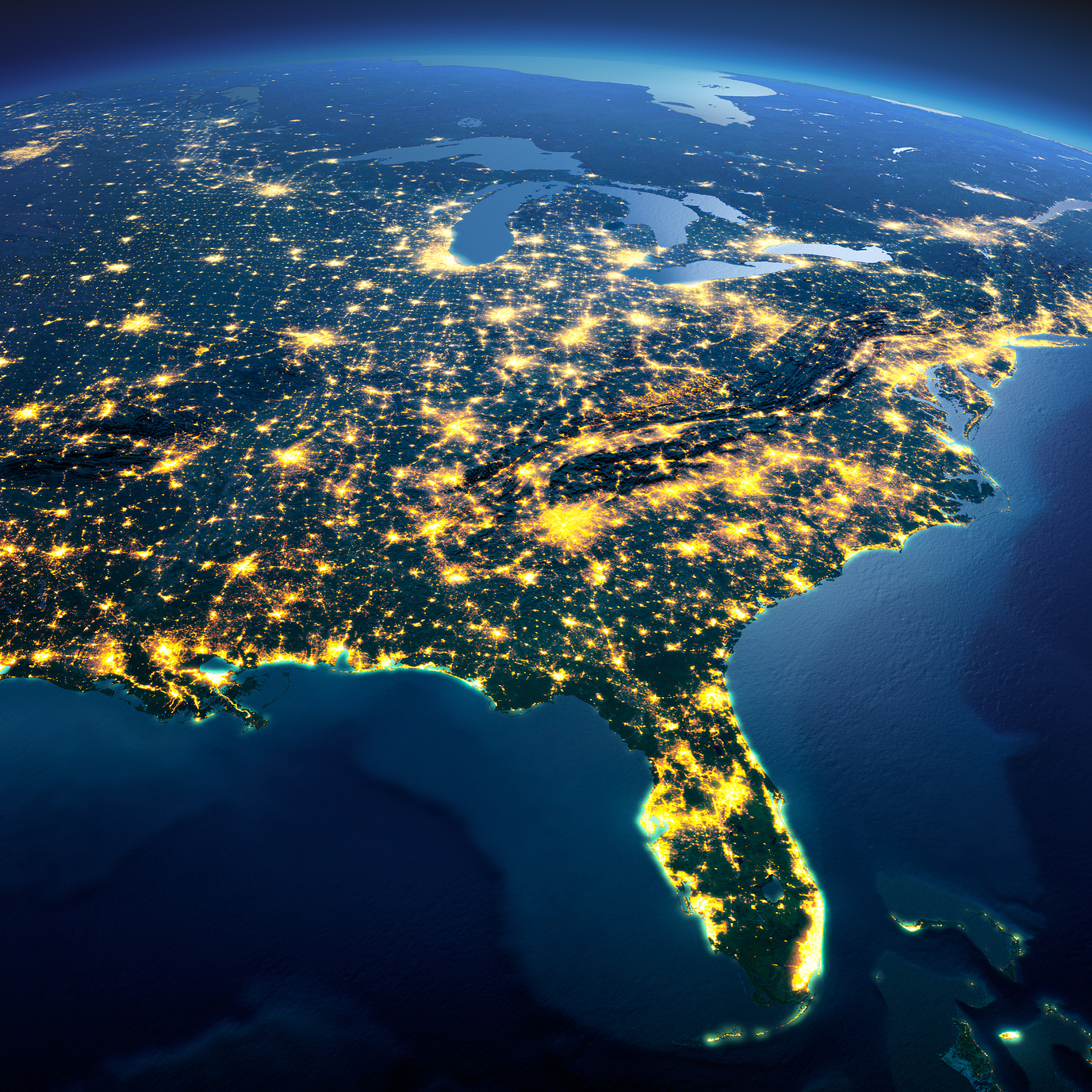 Detailed Earth. North America. Usa. Gulf Of Mexico And Florida On A Moonlit Night